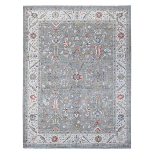 Shark Gray With Ultra Pure White Border, Extra Soft Wool, Hand Knotted, Heriz All Over Design Fine Peshawar, Vegetable Dyes and Densely Woven Oriental Rug