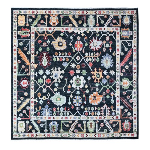 Charcoal Black, Hand Knotted, Wool Weft, Colorful Tribal Motifs All Over, Angora Oushak, Square Oriental Rug