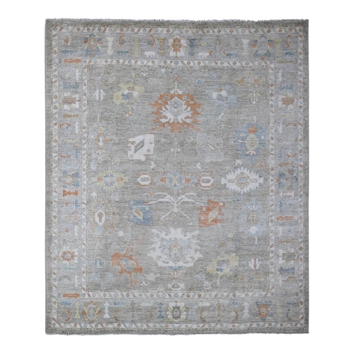 Window Gray, Village Floral And Leaf Design, Wool Weft, Hand Knotted, Vegetable Dyes, Angora Oushak Oriental 