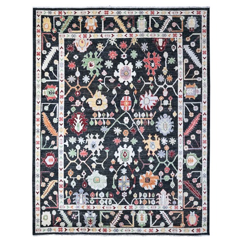 Onyx Black, Hand Knotted Soft And Shiny Wool, Colorful And Vibrant Motifs All Over, Natural Dyes, Angora Oushak Oriental Rug