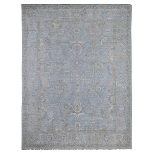 Cadet Gray, Natural Dyes, Faded Angora Oushak With All Over Geometric Elements, Hand Knotted, Velvety Wool, Oriental Rug