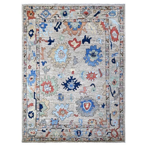 Gentle Gray, Hand Knotted With Colorful All Over Tribal Pattern, Soft Wool, Angora Oushak Oriental Rug