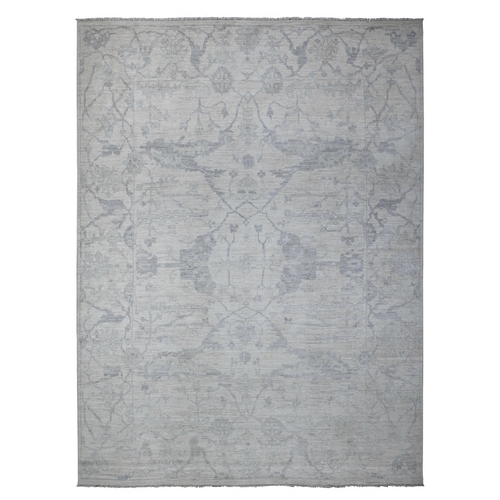 Solid Gray, Afghan Angora Oushak With Wool Weft, Hand Knotted With Flower And Leaf Design, Natural Dyes, Oriental 