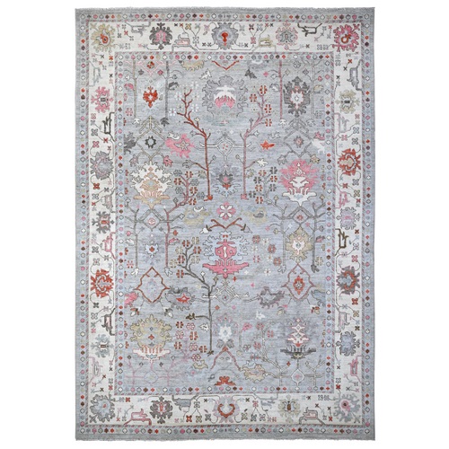 Medium Gray, Hand Knotted, Colorful And Vibrant Tribal Flower Design, Wool Weft, Natural Dyes, Afghan Angora Oushak Oriental 