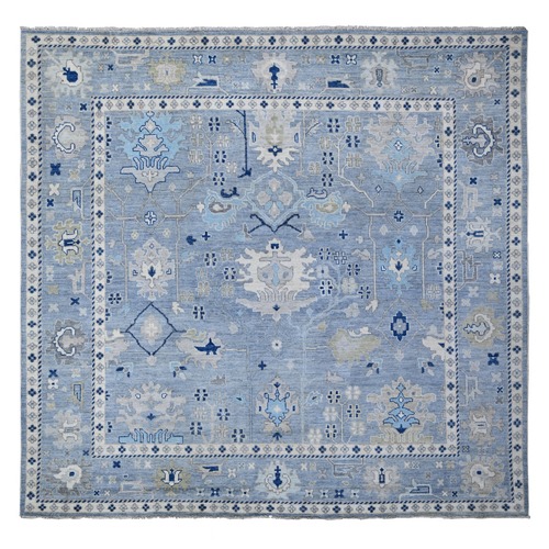 Air Force Blue, Hand Knotted, Natural Dyes, Vibrant Rural Flower And Leaf Design, Wool Weft, Angora Oushak, Square Oriental Rug