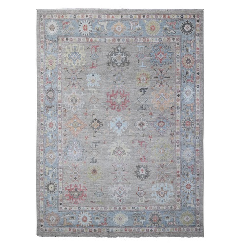 Rustic Gray, Soft Pile, Wool Weft, Hand Knotted, Vegetable Dyes, Faded Rural Elements All Over Design, Afghan Angora Oushak, Oriental 