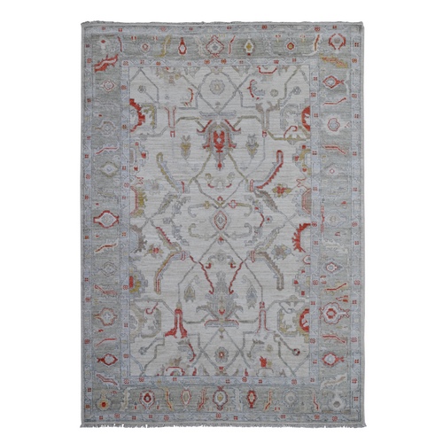 Spatial White, Wool Weft With Natural Dyes, Hand Knotted, Afghan Angora Oushak, Rural Flower And Leaf Design, Oriental 