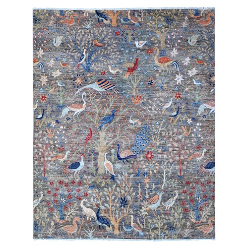 Ice Gray, Hand Knotted, Soft Wool, Afghan Peshawar with Birds of Paradise, Abrash, Natural Dyes, Oriental Rug