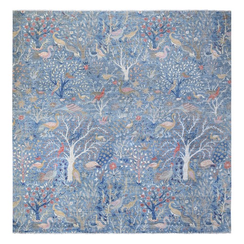 Dodger Blue, Hand Knotted Afghan Peshawar with Birds of Paradise Design, Natural Dyes, 100% Wool, Square Oriental Rug