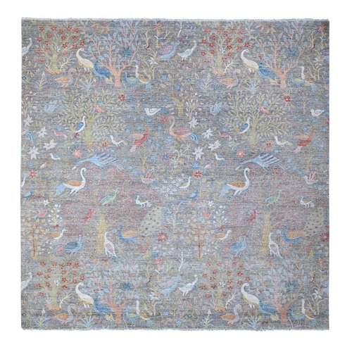 Pewter Gray, Afghan Peshawar with Birds of Paradise, Hand Knotted, Natural Dyes, 100% Wool, Square Oriental Rug