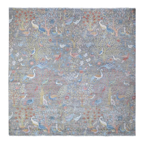 Pewter Gray, Afghan Peshawar with Birds of Paradise, Hand Knotted, Natural Dyes, 100% Wool, Square Oriental 