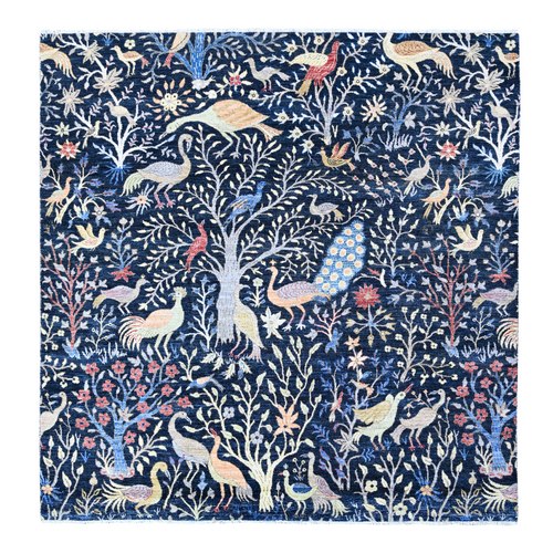 Polo Blue, Hand Knotted, Natural Dyes, Soft Wool, Birds of Paradise, Afghan Peshawar Square Oriental Rug