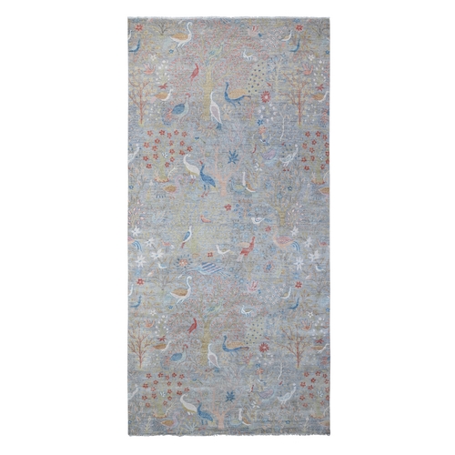 Morning Fog Gray, Vegetable Dyes, Organic Wool, Afghan Peshawar with Birds of Paradise, Hand Knotted, Gallery Size Oriental Rug