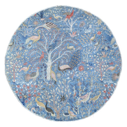 Cornflower Blue, Afghan Peshawar with Birds of Paradise Design, Hand Knotted Natural Dyes, Vibrant Wool, Round Oriental Rug