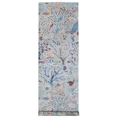 Tint Gray, Hand Knotted Afghan Peshawar with Birds of Paradise, Natural Dyes Pure Wool, Wide Runner Oriental 