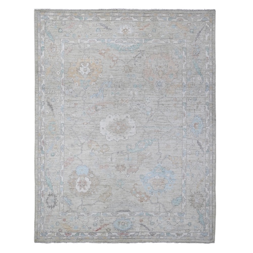 Pastel Gray, Wool Weft, All Over Tribal Floral And Leaf Design, Natural Dyes, Hand Knotted, Afghan Angora Oushak, Oriental 