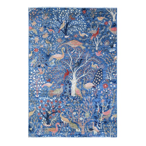 Dodger Blue, Hand Knotted Organic Wool, Abrash, Natural Dyes, Afghan Peshawar with Birds of Paradise Design, Oriental Rug