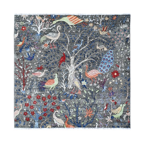 Splendor Gray, Natural Dyes, Afghan Peshawar with Birds of Paradise Design, Natural Wool, Hand Knotted, Square Oriental Rug