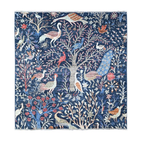 Naval Blue, Fine Afghan Peshawar Birds of Paradise Design, Vegetable Dyes, Natural Wool, Hand Knotted Abrash, Square Oriental 