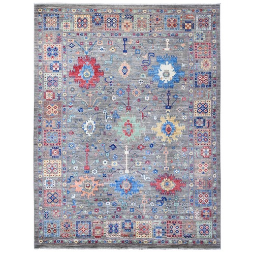 Glacier Gray, Vegetable Dyes, Hand Knotted, Soft and Shiny Wool, Aryana Collection With Ziegler Mahal All Over Colorful Motifs Design, Oriental Rug