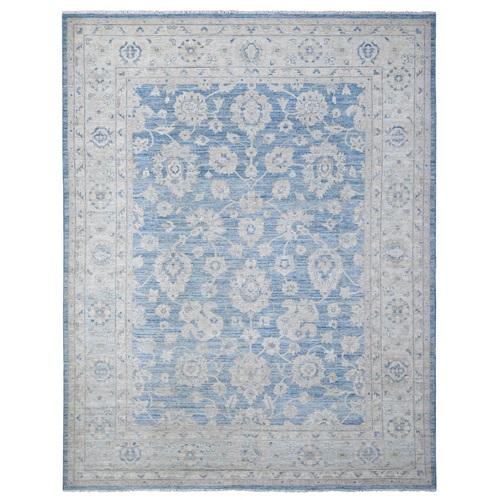 Intense and Powder Blue, 100% Wool, Densely Woven Vegetable Dyes, Hand Knotted Ziegler Mahal All Over Design, White Wash Fine Peshawar Oriental Rug