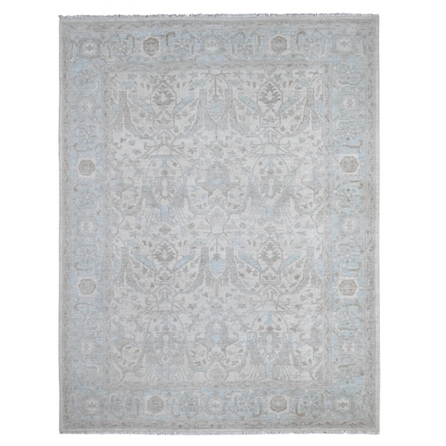 High Reflective White and Light Blue Border, Denser Weave Natural Wool, Washed Out All Over Mahal Design Fine Peshawar, Hand Knotted Oriental Rug