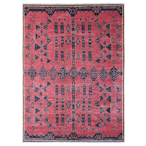 Rust Red, Densely Woven, Hand Knotted, Soft And Shiny Wool, Peshawar with Berber Influence Geometric Pattern, Natural Dyes, Oriental 