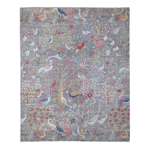 Garden Gray, Borderless, 100% Wool, Hand Knotted, Afghan Peshawar Natural Dyes, Birds of Paradise Design, Oriental Rug