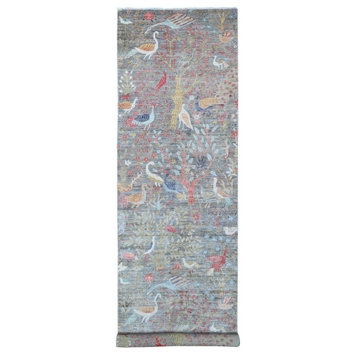 Light Gray, Vegetable Dyes, Pure Wool, Hand Knotted, Afghan Peshawar Borderless Birds of Paradise Design, Wide Runner Oriental 