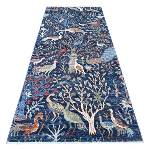 Penn Blue, Birds of Paradise Tree of Life Afghan Peshawar, Hand Knotted Soft and Vibrant Wool, Vegetable Dyes, Abrash Wide Runner, Oriental Rug