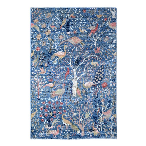 Celtic Blue, Natural Dyes, Afghan Peshawar With Birds of Paradise Design, Hand Knotted, Velvety and Soft Wool, Oriental Rug