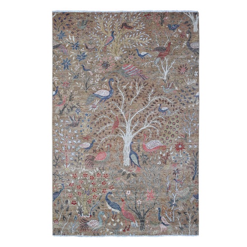 Beaver Brown, Hand Knotted Vegetable Dyes, Afghan Peshawar Tree Of Life Birds of Paradise Design, Extra Soft Wool, Oriental Rug