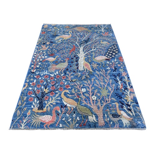 Peacock Blue, Abrash, Afghan Peshawar With Birds of Paradise Design, Hand Knotted, Soft Wool, Natural Dyes, Oriental Rug