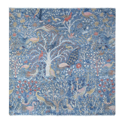 Azure Blue, Pure Wool, Afghan Peshawar With Birds of Paradise Design, Hand Knotted Vegetable Dyes, Square Oriental Rug