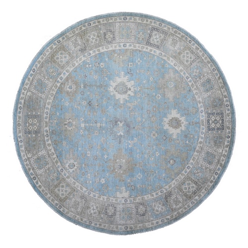 Alaskan Blue, Hand Knotted With Super Wide Border, Vegetable Dyes, Mahal Large Tribal Elements, Soft Wool, Round Oriental 