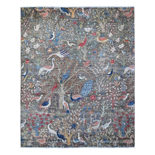 Nevada Gray, Hand Knotted, Vegetable Dyes, Afghan Peshawar With Birds of Paradise Design, Natural Wool, Oriental Rug