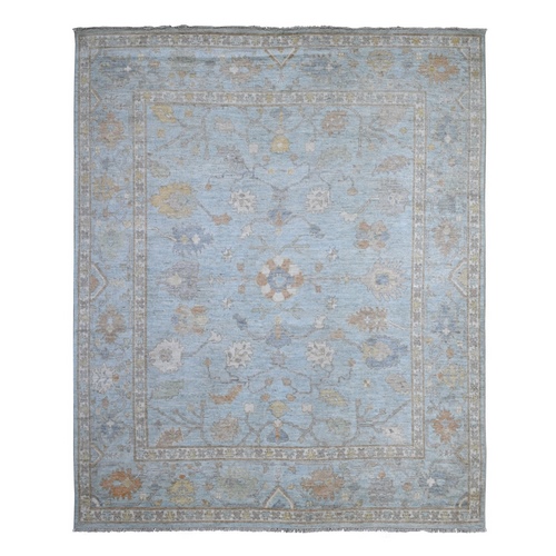 Cerulean Blue, Hand Knotted With Rural Motifs All Over Design, Wool Weft, Natural Dyes, Afghan Angora Oushak, Oriental 