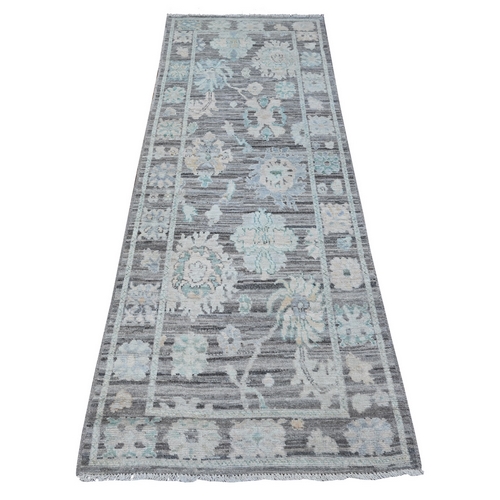 Dark Silver Gray, Hand Knotted With Natural Dyes, Rural Medallions All Over Design, Wool Weft, Afghan Angora Oushak, Runner Oriental 