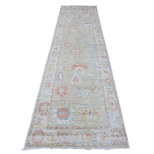 Silver Green, Hand Knotted With Colorful Tribal Elements, Wool Weft, Afghan Vegetable Dyes, Angora Oushak, Runner Oriental 