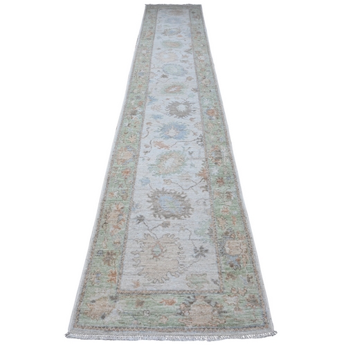 Silver Gray, Vegetable Dyes With Village Flower Design, Hand Knotted, Wool Weft, Afghan Angora Oushak, XL Runner Oriental 