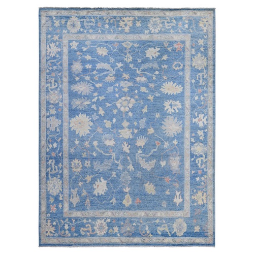 Denim Blue, Wool Weft, Village Flower And Leaf Design, Afghan Angora Oushak, Hand Knotted, Natural Dyes, Oriental 