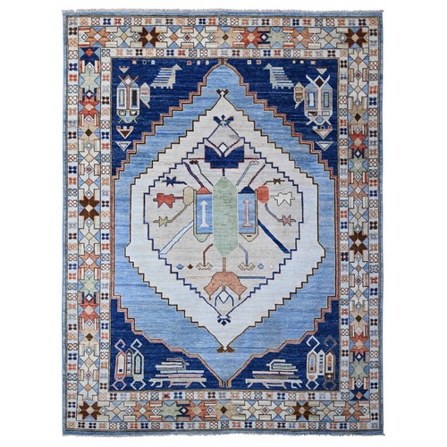 Tufts Blue, Vegetable Dyes, Anatolian Village Inspired With Central Large Tribal Geometric Medallion, Extra Soft Wool, Hand Knotted, Oriental Rug 