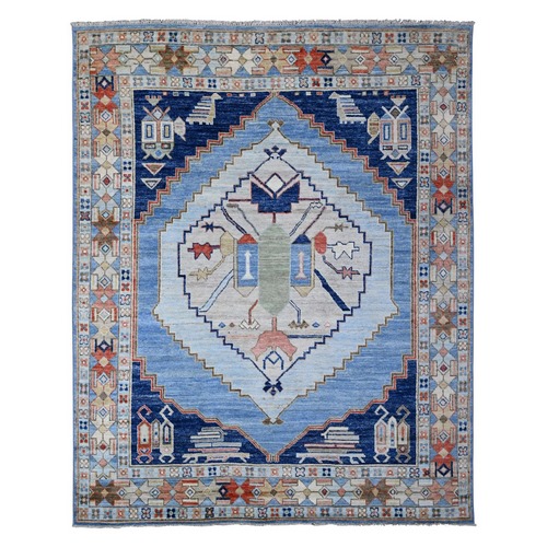 Alaskan Blue, Velvety Wool, Hand Knotted, Vegetable Dyes, Anatolian Tribal Village Inspired, Large Central Geometric Motif, Oriental Rug 