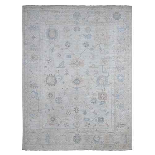 Slate Blue, Village Floral Motifs All Over Design, Wool Foundation, Hand Knotted, Faded, Natural Dyes, Afghan Angora Oushak, Oriental 