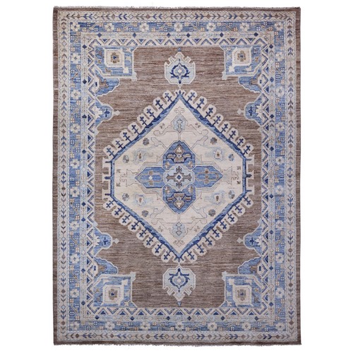 Hippopotamus Gray, Savoy Blue Border Hand Knotted 100% Wool Ottoman Design Inspired Turkish Village Geometric Motifs, Vegetable Dyes, Oriental Rug 