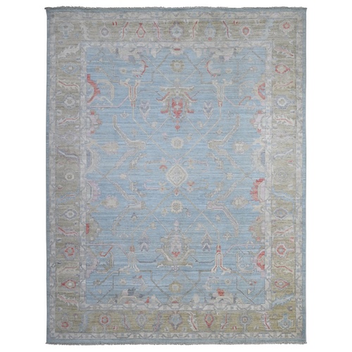 Ruddy Blue With Olive Green Border, Soft Pile, Hand Knotted, Wool Weft With Vegetable Dyes, Afghan, Rural Elements All Over, Angora Oushak, Oriental 