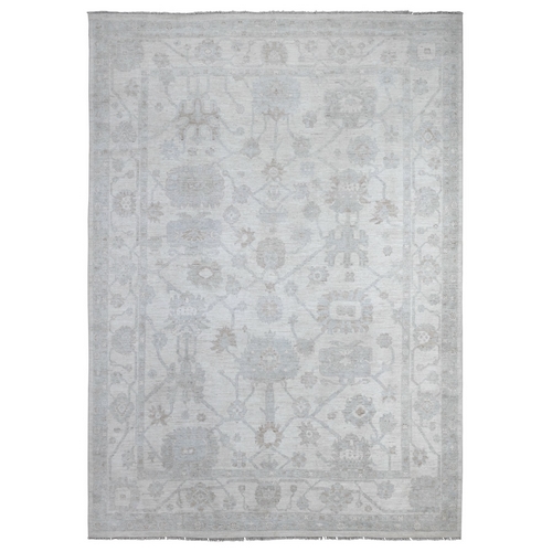 Alabaster White, Vegetable Dyes, Faded Afghan Angora Oushak, Hand Knotted, Wool Weft, Tribal Flower Design All Over, Oriental 