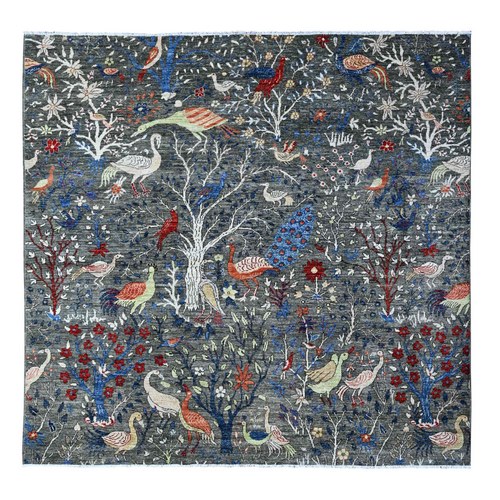 Iridium Gray, Afghan Peshawar with Birds of Paradise, Vegetable Dyes, Tree Of Life, Extra Soft Wool, Hand Knotted Square Oriental 