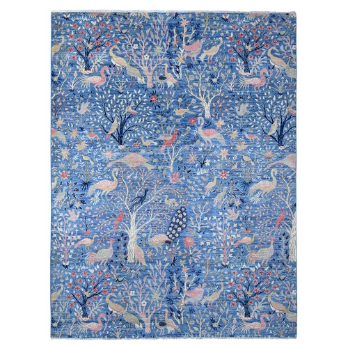 Marlin Blue, Organic Wool, Afghan Peshawar, Tree of Life, Birds of Paradise Design, Hand Knotted, Abrash Vegetable Dyes, Oriental Rug