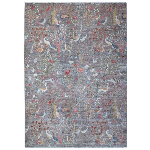 Radiant Silver Gray, Hand Knotted, Afghan Peshawar With Birds of Paradise Design, Vegetable Dyes, 100% Wool, Oriental Rug 